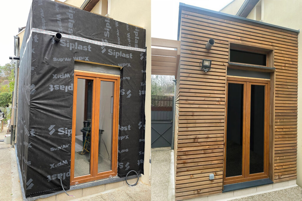 extension maison toit plat bardage bois avec acrotère et grande baie vitree